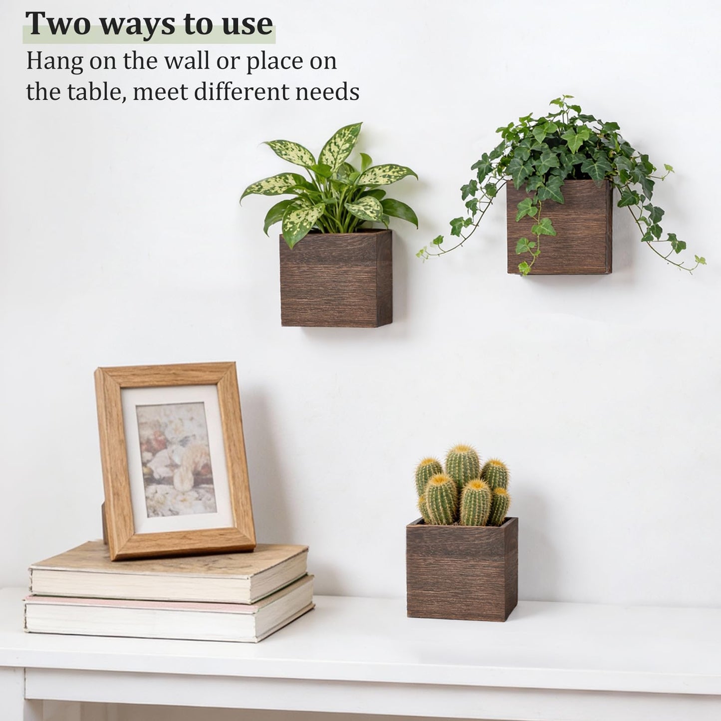 Dahey Small 4 Inch Wood Wall Hanging Planter Boxes for Indoor Plants 3 Pcs Square Rustic Farmhouse Wall Mounted Flower Pot Vases with Plastic Liner for Garden Home Centerpiece Decor(No Plant Included)
