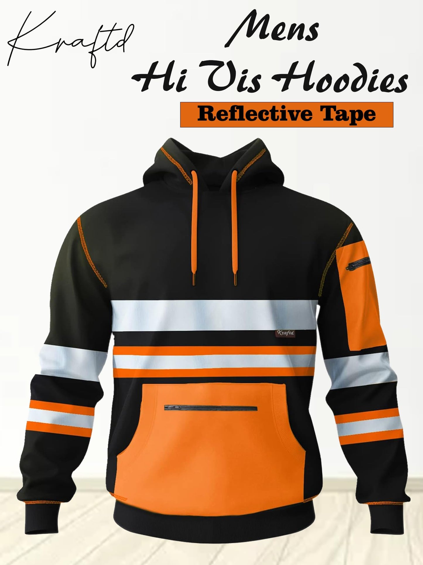 kraftd Mens Hi Vis Hoodie High Viz Hooded Sweatshirt Workwear Hoody With Reflective Tape