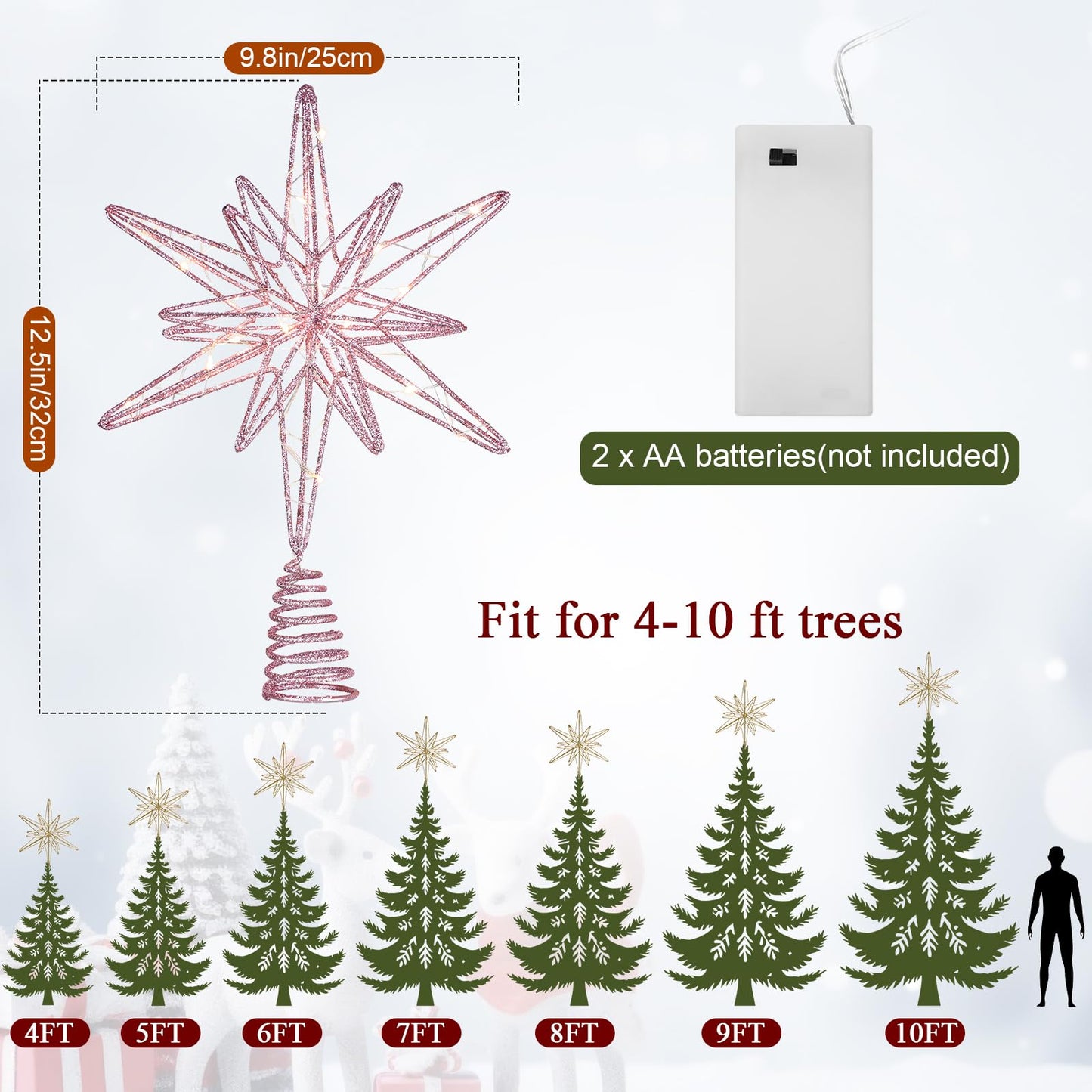 Sonwyoung Large Christmas Star Tree Topper with 20 LED Lights, Glitter Star Tree Topper Sparkle Xmas Treetop Ornament for Christmas Trees Party Holiday Decorations(13 Inch,Pink)