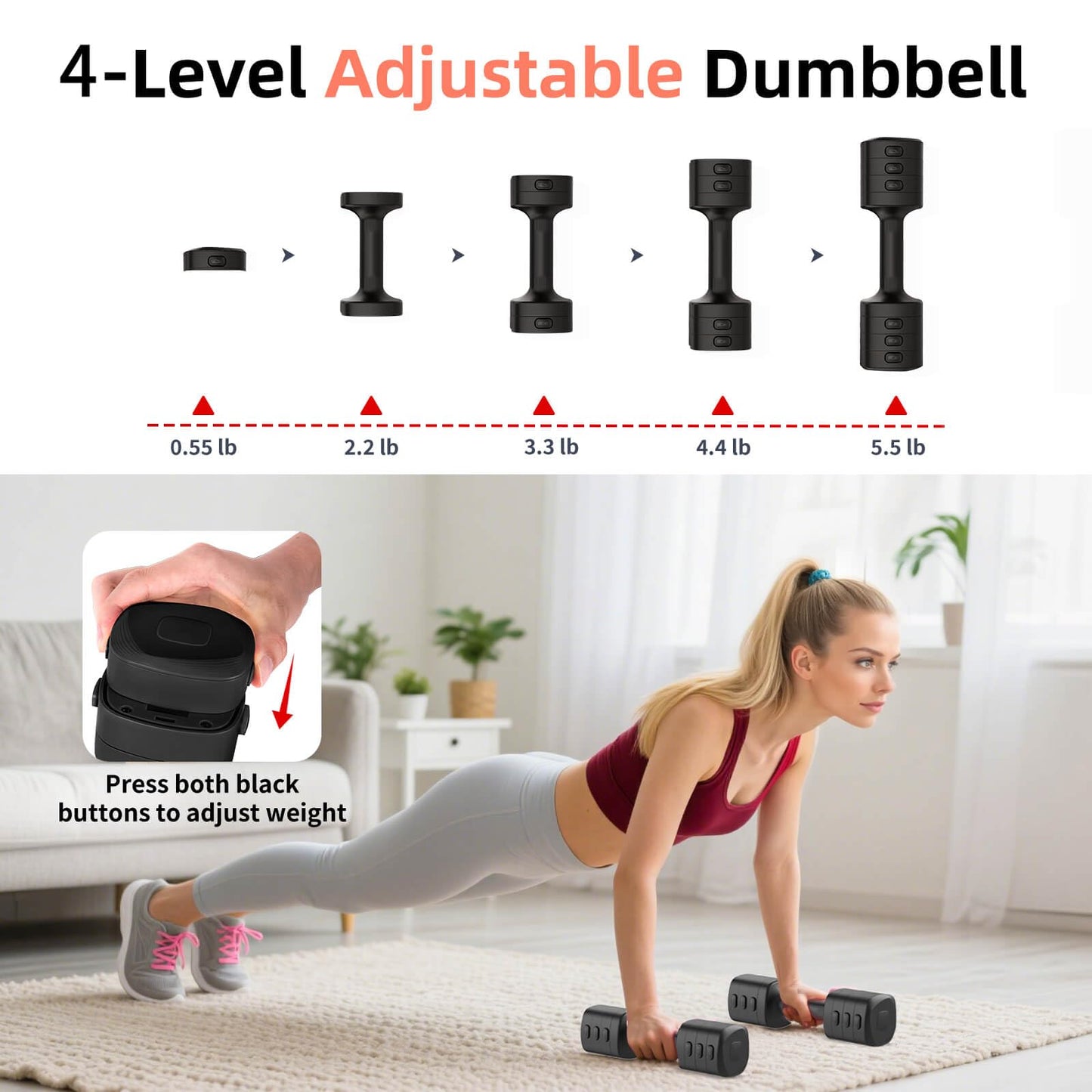 Nimsqury 2-in-1 Adjustable Dumbbell Set, Upgraded 4 Levels Hand Weights for Women Men, Each 2.2/3.3/4.4/5.5lb, Convertible Weights Dumbbells and Kettlebell Set for Home Gym Exercise & Fitness