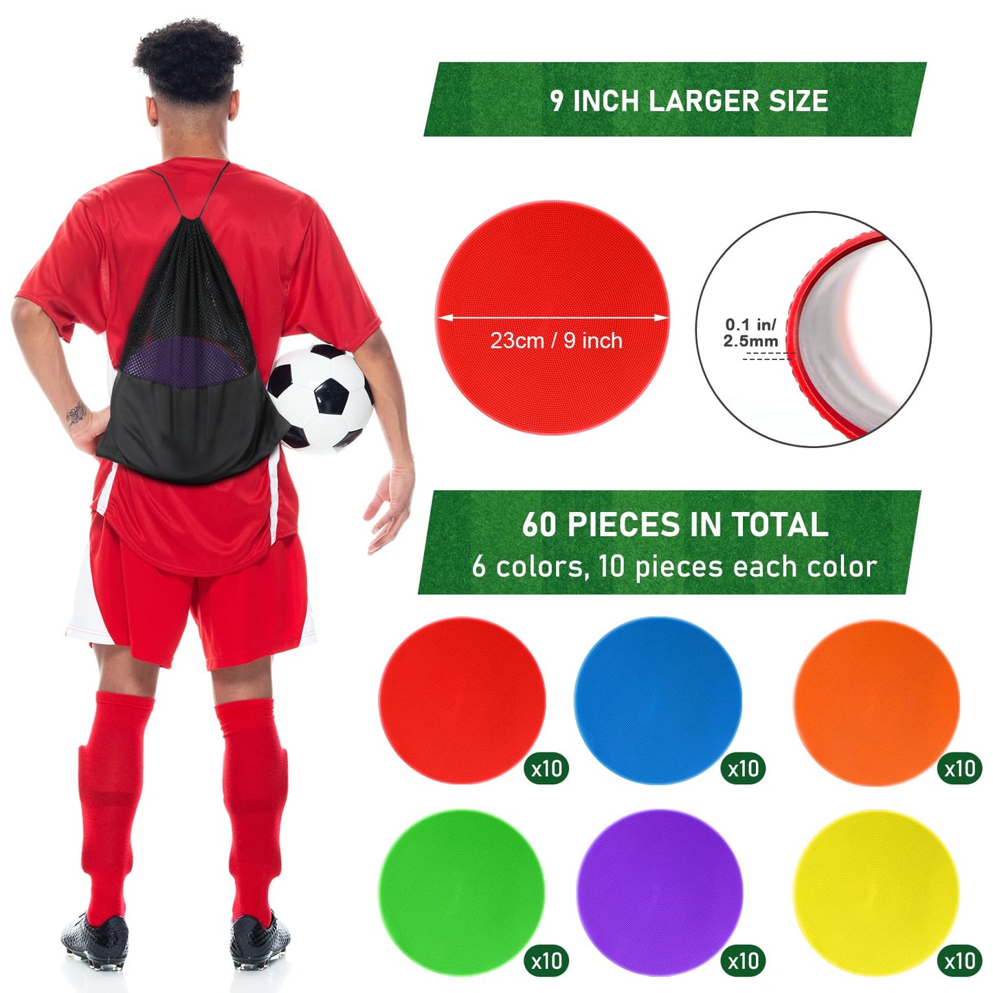 ZIECE 60 Pcs Poly Spot Markers Non-Slip Rubber Floor Dots for Gym, Flat Cones Agility Markers Poly Dots for Gym Floor Spot Markers for Sports Soccer Basketball Speed Agility Training Dance Classroom