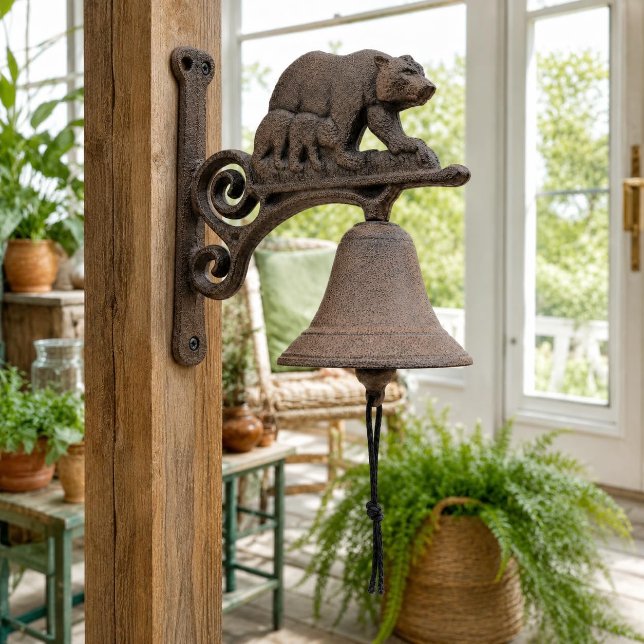 Comfy Hour 7.8" Heavy Duty Cast Iron Bear Dinner Bell, Loud Resonant Wall Mounted Outdoor Doorbell for Farmhouse, Garden & Cabin, Decorative Wildlife Metal Bell for Porch, Antique Black Finish