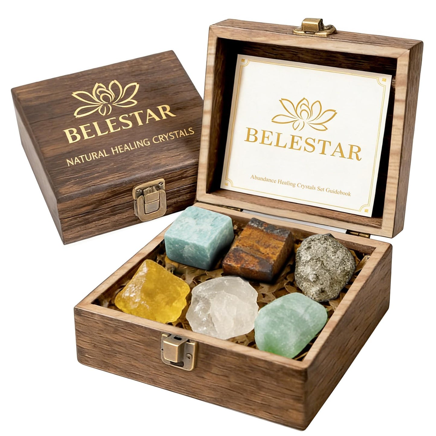 BELESTAR Abundance Healing Crystals Set - Large Raw Stones Energy Alignment Kit with Wooden Gift Box & Guidebook