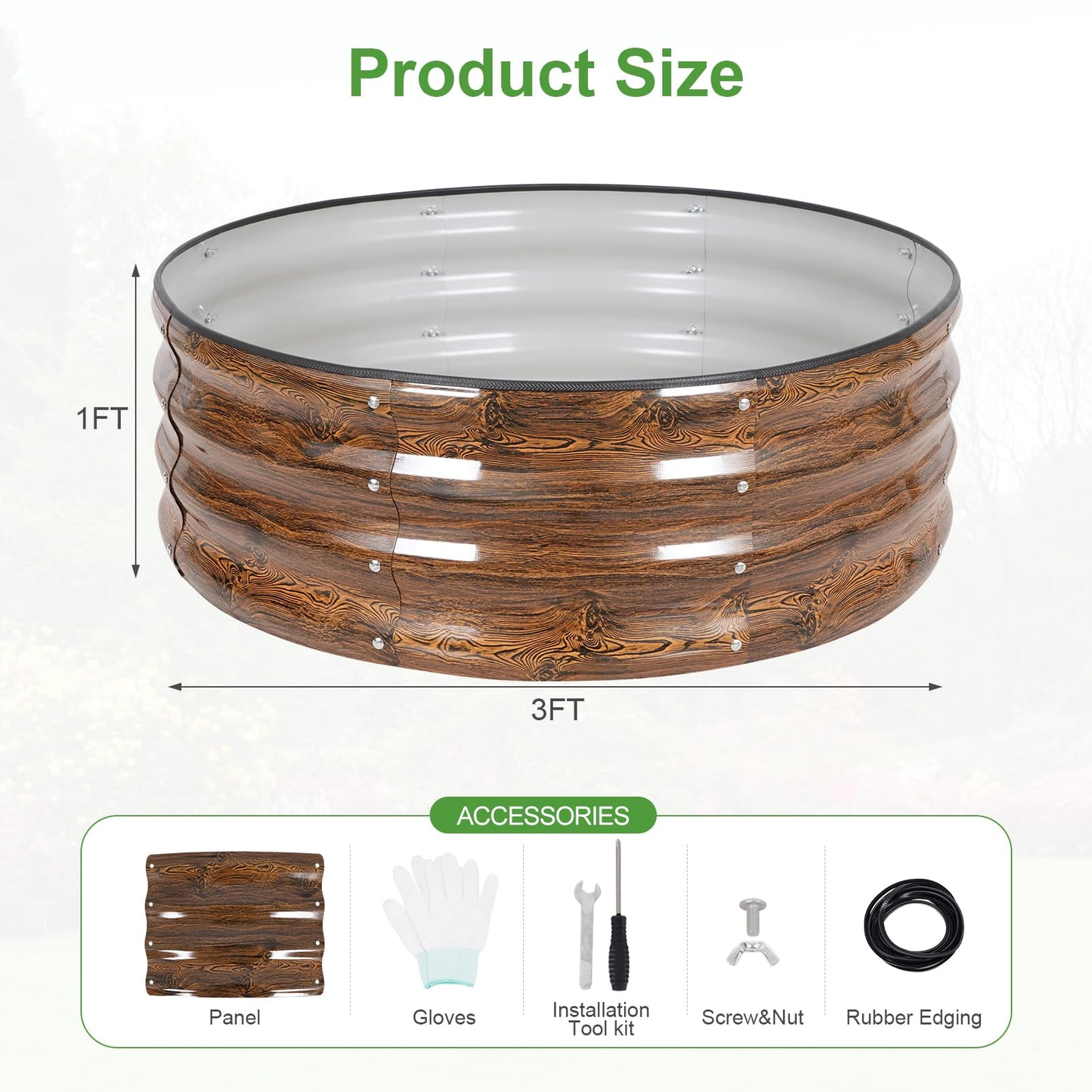Permade Galvanized Raised Garden Bed- 2Pcs Metal Planter Boxes Outdoor | 12" Tall 36" Round Steel Raised Bed Kit & Fire Pit Ring for Gardening with Protective Tape for Vegetables (Wood Grain)