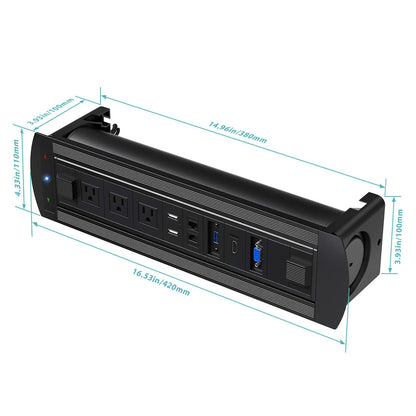 WEBANG Motorized Automatic Recessed Connectivity Box Outlet for Conference Room Table with 3 AC Receptacle, 2 RJ45, 2 USB Charger, 1 USB3.0, 1 HDMI, 1 VGA, Black