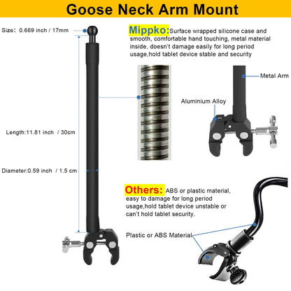 Mippko Tablet Holder for Treadmill/Elliptical/Spin Bike/Peloton/Indoor Cycle,Gooseneck Arm Super Crab Clamp Mount Compitable with 4.7~12.9" iPad/Nexus/LG G Pads/e-Reader/Switch/iPhone