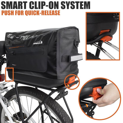 Ibera Bike Trunk Bag - PakRak Clip-On Quick-Release Waterproof Bicycle Commuter Bag (Black)