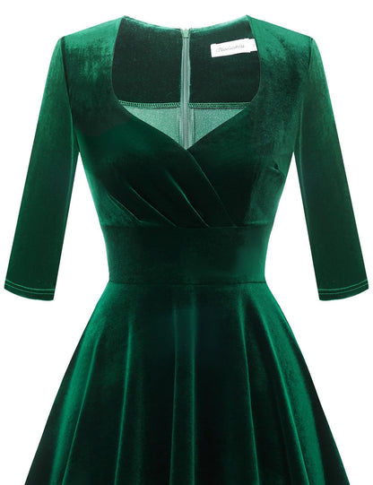 Bbonlinedress Women Long Sleeve Velvet Formal Vintage Cocktail Party Winter Christmas Wedding Guest Dress V-Dark Green XL