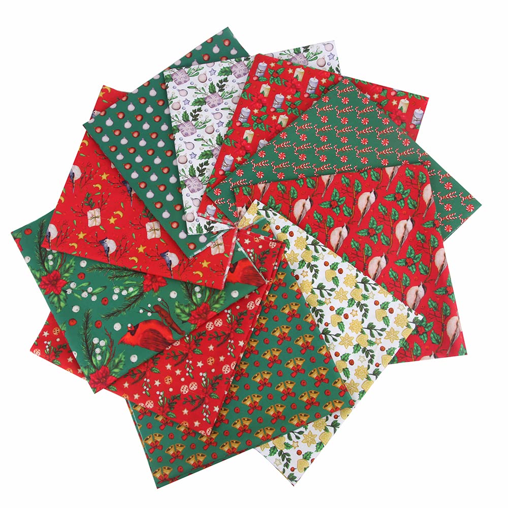 10PCS Christmas Cotton Fabric Bundles - 10" x 10" Printed Pre-Cut Squares for Patchwork Sewing, DIY Crafting & Quilting