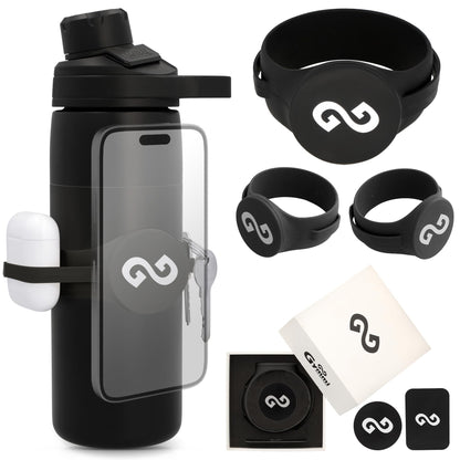 Gymmi Magnetic Water Bottle Phone Holder – One-Piece Silicone Strap for Gym | Holds Phone, Keys & Earbuds | Fits 12–40 oz Bottles (Night Black)