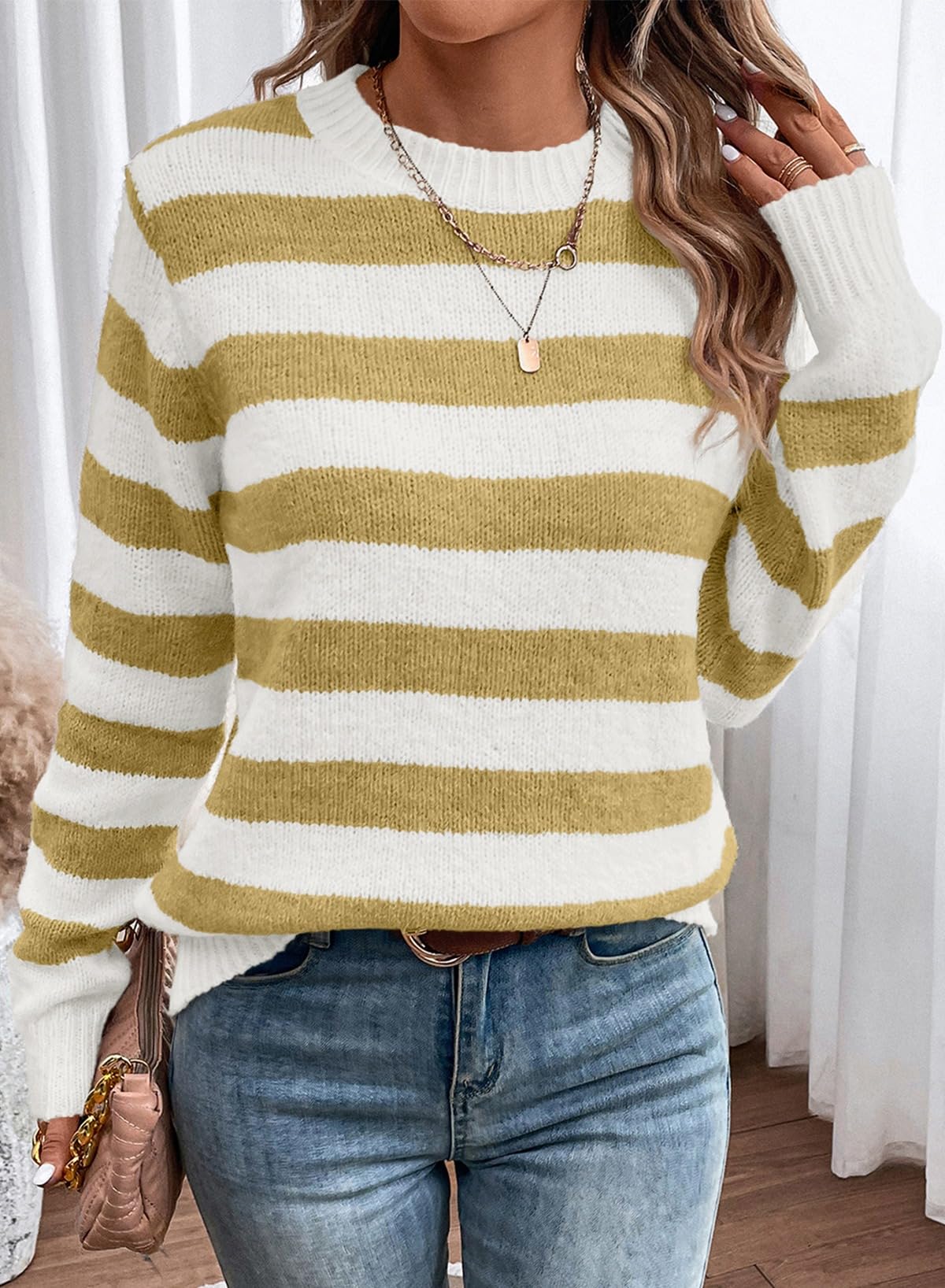 Dokotoo Sweaters for Women 2025 Crewneck Striped Cute Color Block Fall Winter Knitted Pullover Tops