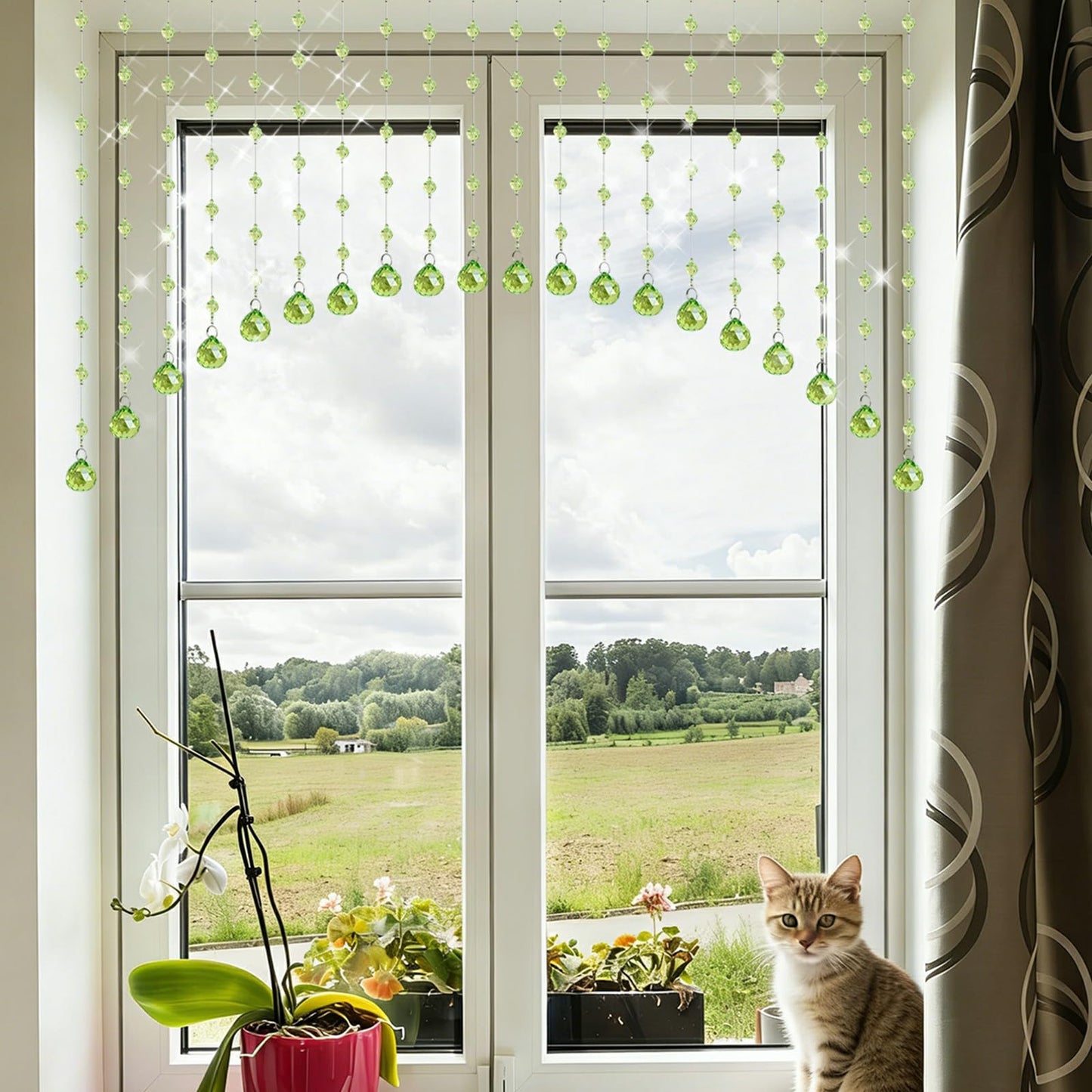 Hysenm 20 Crystal Beaded Curtains Arched Door Beaded Curtain, Hanging Doorway Room Decor with Crystal Balls, Beaded String Curtain Divider for Home, Coffee House, Bedroom, Restaurant