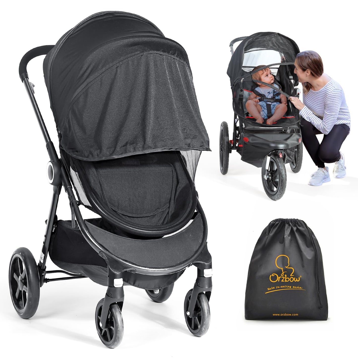 Orzbow Universal Mosquito Net for Pram, Breathable Pram Sun Shade w/UPF 50+, Pram Mosquito Net w/Blackout Cover, Two Way Zipper for Easy Access (Black)