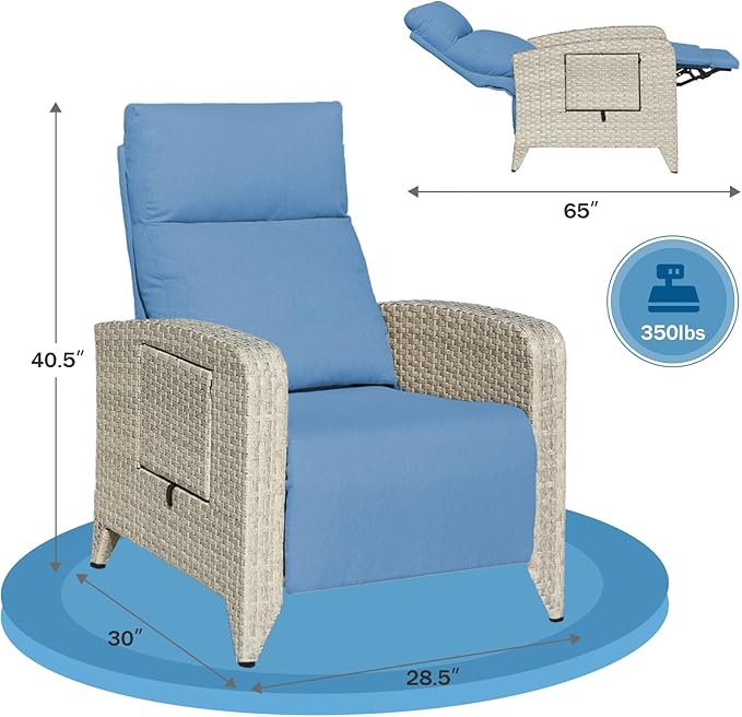 Upgraded Outdoor Recliner Chair, Reclining Patio Chairs with Adjustable Back up to 150°Lay Flat and Extended Footrest, Wicker Recliner Chairs with Flip Table and Removable Olefin Cushion