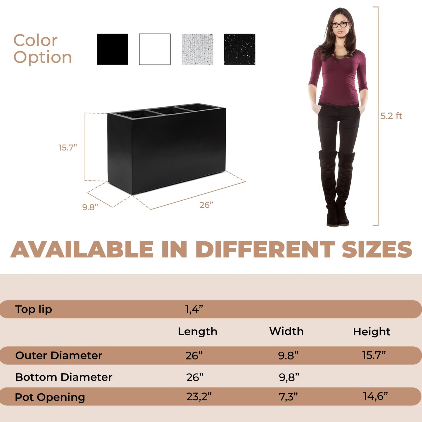 DEPLA LANE Trevano Fiberstone Rectangular Planter (26" L x 9.8" W x 15.7" H) Smooth Finish, Removable Inner Pots, Lightweight, Durable, UV Resistant, Minimalist Indoor Outdoor Plant Pot (M, Black)
