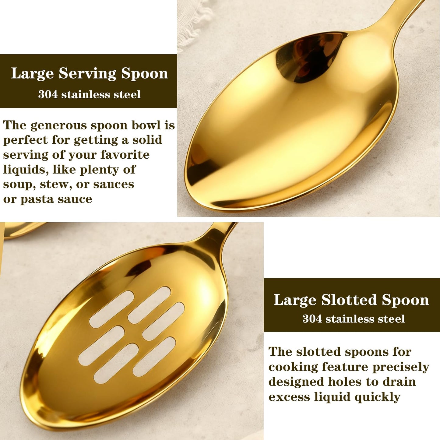 Large Serving Spoons Set, 304 Metal Slotted Spoon Cooking Spoon Buffet Spoons Set for Serving, Tabletop Flatware Utensil, Gold