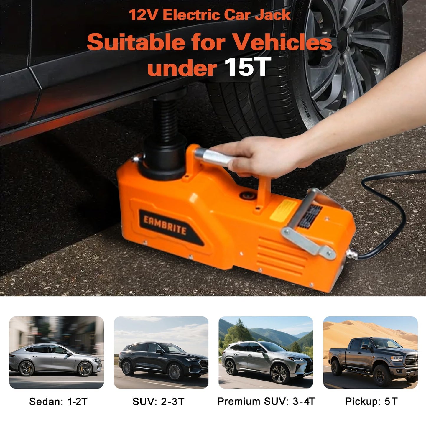 EAMBRITE 12V DC Heavy Duty 15 Ton 33000lbs Hydraulic Car Floor Jack with LED Light Electric Car Jack for SUV and RV, Trucks, Sedan, Van