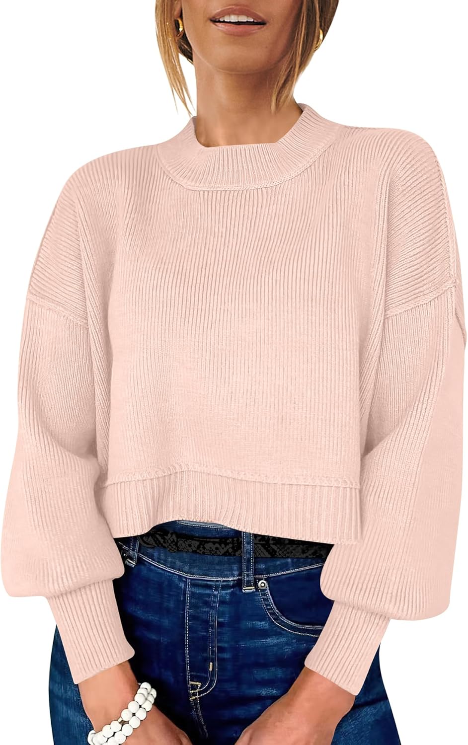 ANRABESS Womens Cropped Sweaters Oversized Crewneck Long Batwing Sleeve Side Slit Ribbed Knit Pullover Tops 2025 Fall Clothes
