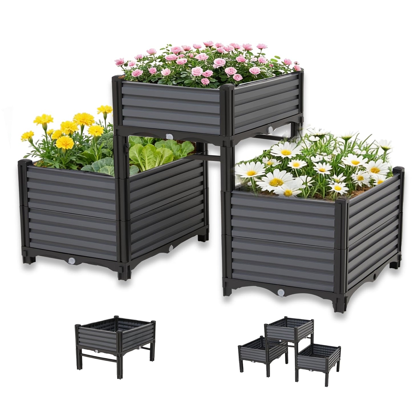3PCS Raised Garden Beds Outdoor with Legs Planter Box, 47x20x21in Reinforced Support Rods, Drainage Grid, Multi-Combination Options for Vegetables, Flowers, Herbs, Ideal for Balcony, Patio Gardening