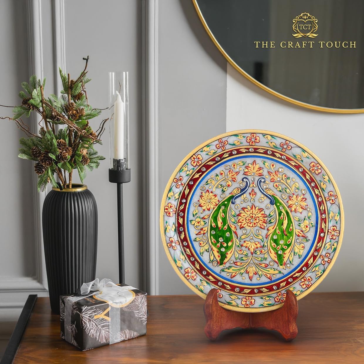 Handcrafted Marble Decorative Art, 9 Inch – Hand-Painted Gold Peacock & Floral , Indian Art Display Accent for Living Room, Entryway & Office & Housewarming Gift (Royal Peacock With Velvet Box)