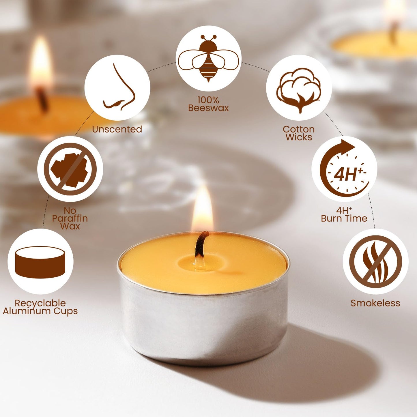 50-Pack Handmade Pure Beeswax Tealight Candles, Aluminum Cups, 4-5H Burn