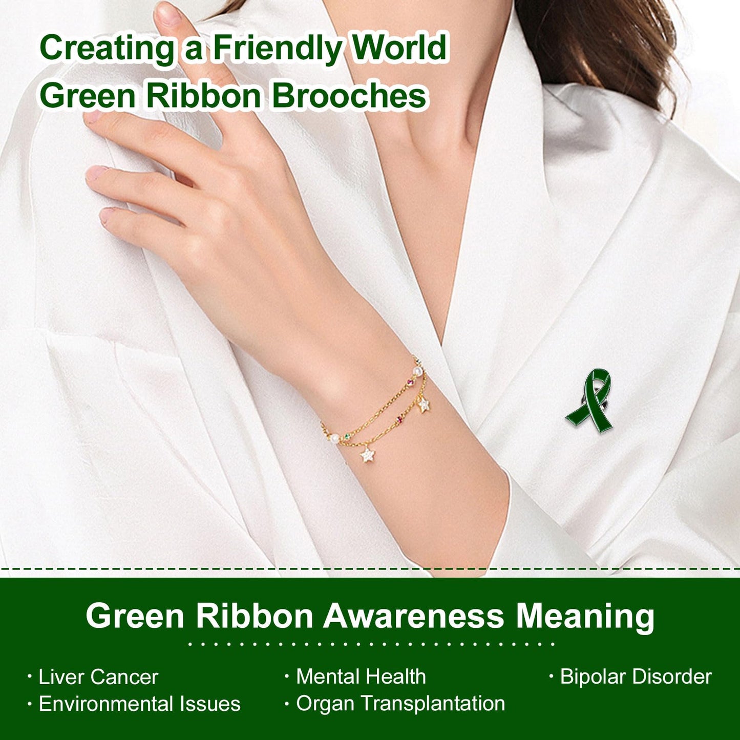 WANDIC 50Pcs Green Ribbon Mental Health Pin Badges Alloy Mental Health Awareness Brooches Liver Cancer Pin Badges Souvenir Brooches for Charity Event(2.5 * 2cm)