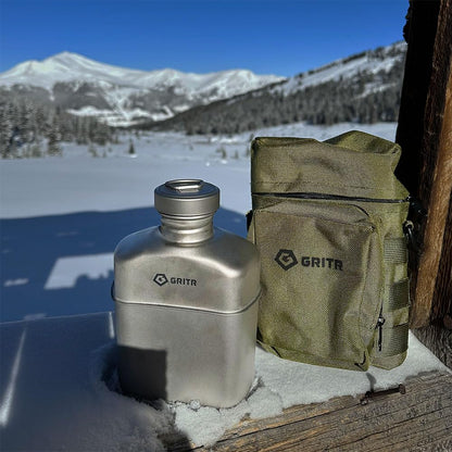 GRITR Titanium Canteen Mess Kit | Compact Portable Camping Open Fire Cookware Set for Backpacking, Hiking, Fishing | Ultralight Durable Outdoor Camp Cooking Utensils - Storage Bag Included