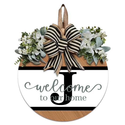 Last Name Round Front Door Wreath Decor for All Seasons, Spring Summer Wreath for Front Door Porch Welcome Garland and Eucalyptus Hanging Gift for Farmhouse Welcome Sign (J)
