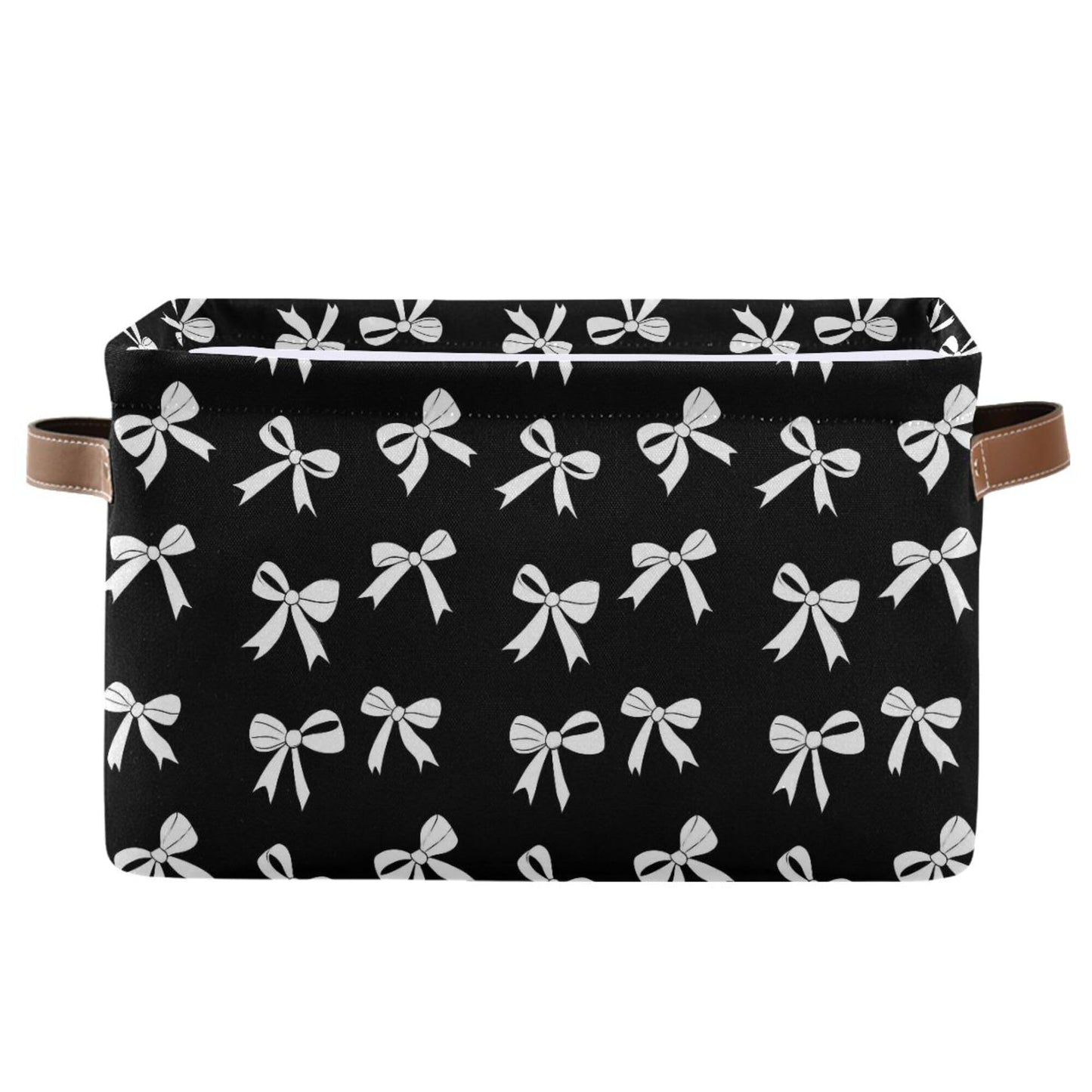 Wamika Black White Bow Storage Basket with Waterproof Liner and PU Handles Coquette Bowknot Storage Bins Boxes 14.2" Collapsible Decorative Organizer Baskets for Bedroom Closet Office 1 Pack