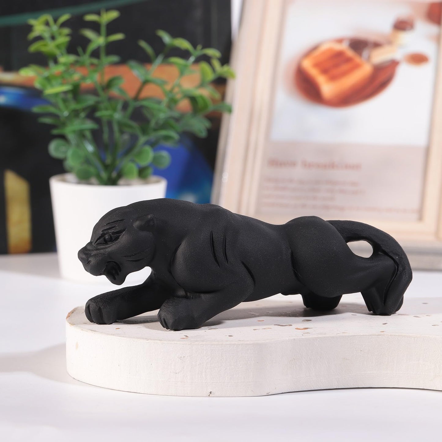 mookaitedecor Black Obsidian Crystal Leopard Figurine, Hand Carved Panther Animal Stone Statue Sculpture Ornament for Home Decor Collectible