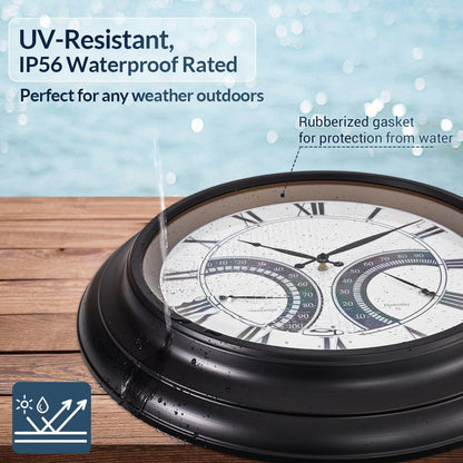 ANDY STAR 24 Inch Outdoor Clocks Waterproof,Large Outdoor Wall Clocks for Patio with Thermometer, Weatherproof Illuminated Clock Battery Operated with Thermometer&Hygrometer,Oil Rubbed Bronze Black