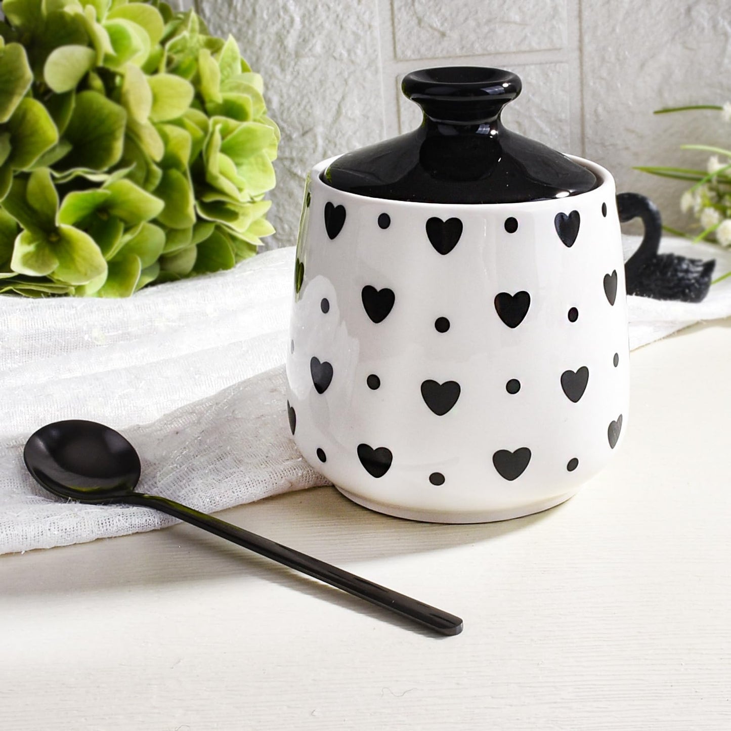 Cerficer Ceramic Sugar Bowl with Lid and Spoon, Decorative Sugar Jar for Coffee Bar, Cute Black Heart, Polka Dot Pattern or Salt Cellar, Modern Farmhouse Kitchen Decor