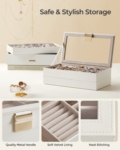 SONGMICS Stackable Jewellery Trays, 4-Tier Jewellery Box, Large Jewellery Case, Clear Glass Lid, 17 x 28 x 18.3 cm, for Dressing Table, Gift Idea, Cloud White JBC164W01