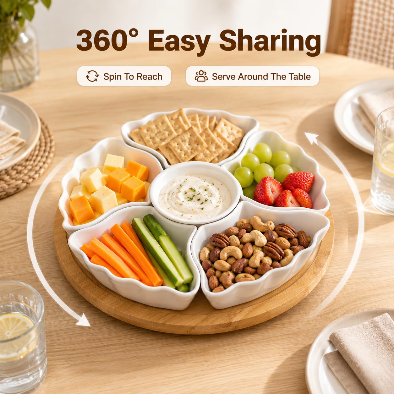 DLIM HOME 7-Piece Divided Serving Tray Set for Party, 12-Inch Rotating Serving Tray for Dining Table with Removable Dividers, Lazy Susan Platter for Charcuterie, Appetizers & Snacks