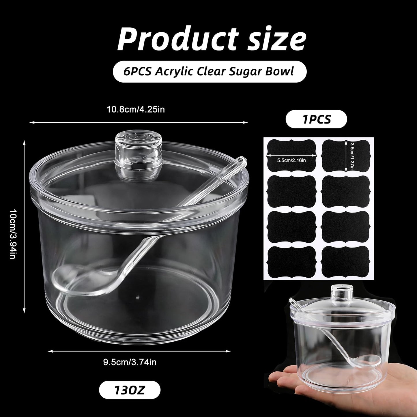6 Pcs Clear Acrylic Sugar Bowls,13 oz Seasoning Box Condiment Pots with Spoon and Lid,Sugar Spice Salt Canister for Sugar,Salt,Tea,Spices,Herbs and Condiments,Home Kitchen,Coffee Bar,Restaurant