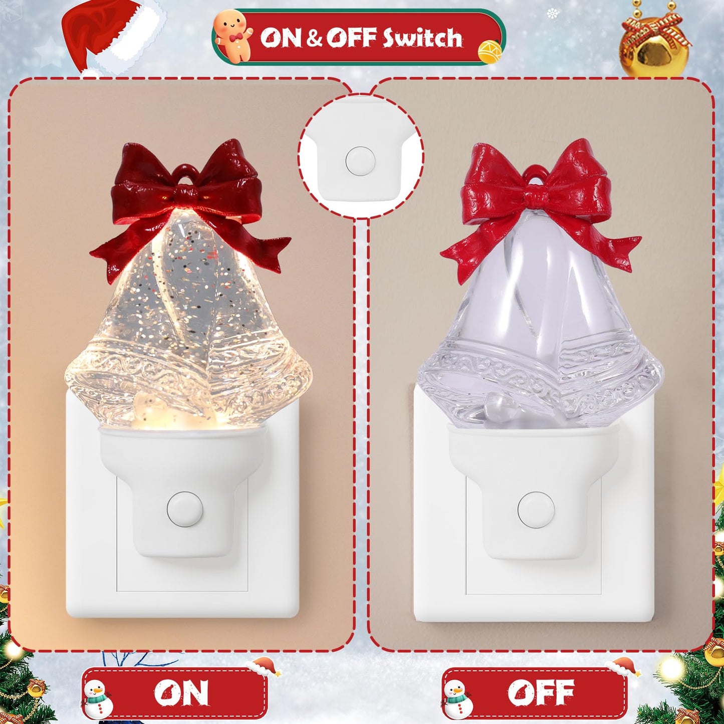 Christmas Bell Night Light Plug into Wall Glitter Water Nightlight with USB/Outlet Options, Christmas Decorative Nightlight for Bedroom Kitchen Nursery Hallway Holiday Decorations Gifts (Bell)