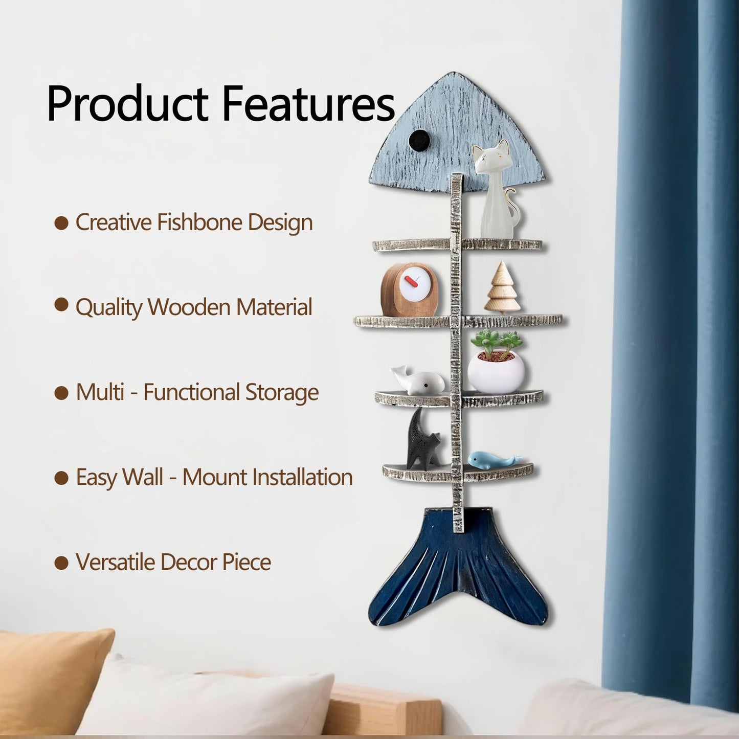 huulmood Wooden Fish Wall Shelf, Wood Fish Beach Decor Display Shelf, Nautical Coastal Style Wall - Mounted Organizer in Bedroom，Living Room，Lake House, Bathroom