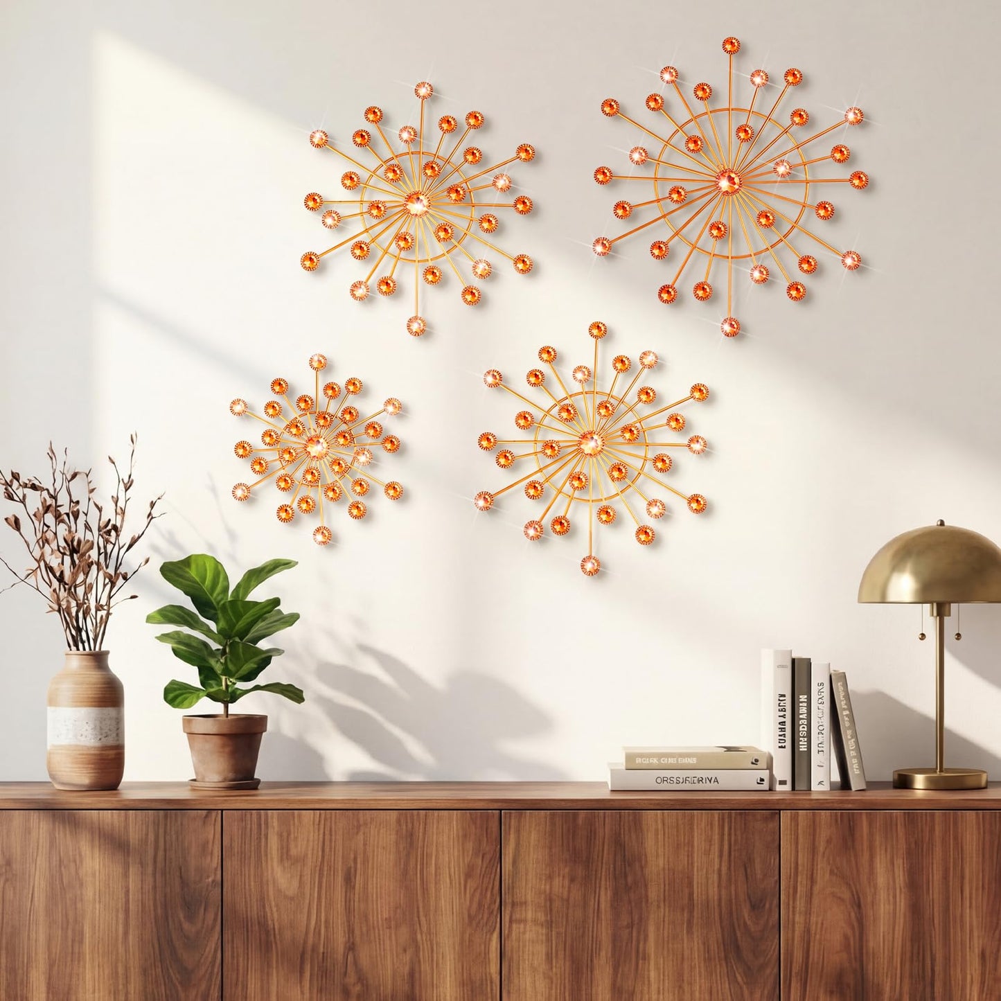 Blulu 4 Pcs Metal Wall Decor Bling Crystal Wall Art Cast Iron Rhinestones Sunburst Decor Starburst Art Hanging Diamond Accents Decorative for Living Room Bedroom Entryway (Orange)