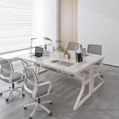 OSCHF Extra Long Desk with Bookshelf - 63" Double Long Writing Table for 2-Person Workstation, Modern Study Work Computer Desk for Home and Office, Warm White