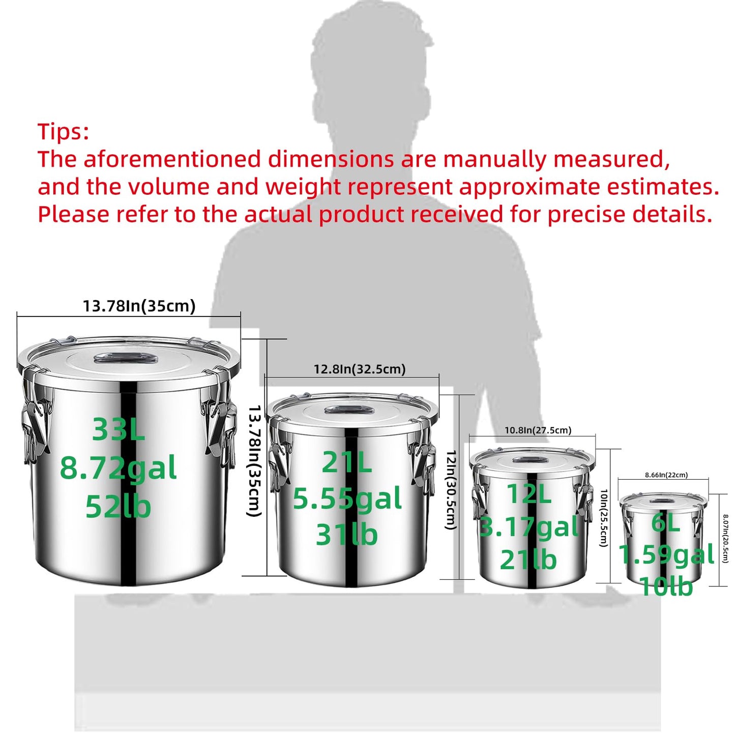 Verdeho 304 stainless steel food storage containers with lids lock clips airtight container large airtight for rice flour sugar grain coffee bean storage containers Kitchen jar (8.72gal/33L)