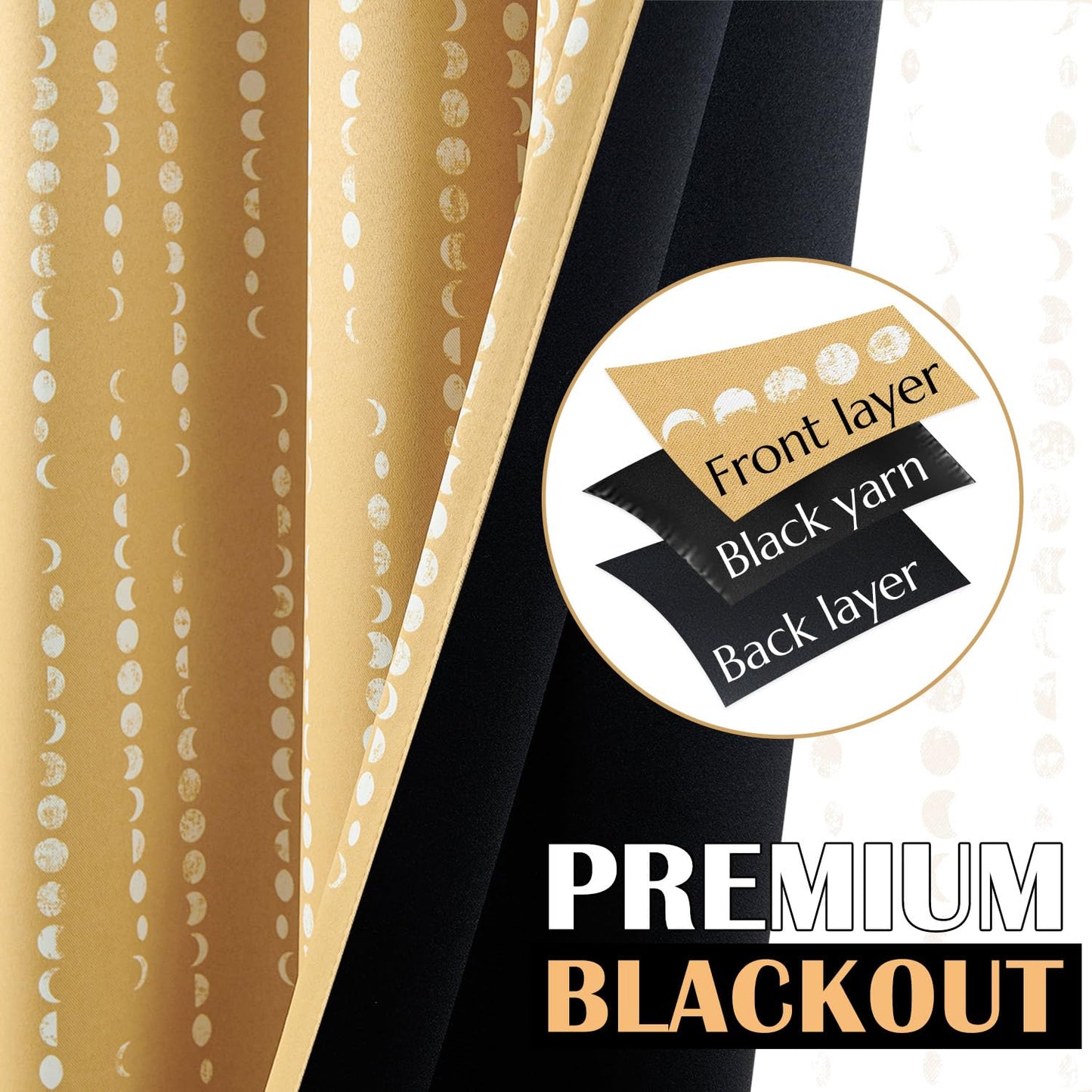 jinchan 95% Blackout Boho Curtains 63 Inch Length Moon Phases Printed Drapes Rod Pocket Thermal Insulated Curtains for Bedroom Nursery Mustard Yellow Window Drapes Curtain Set 2 Panels
