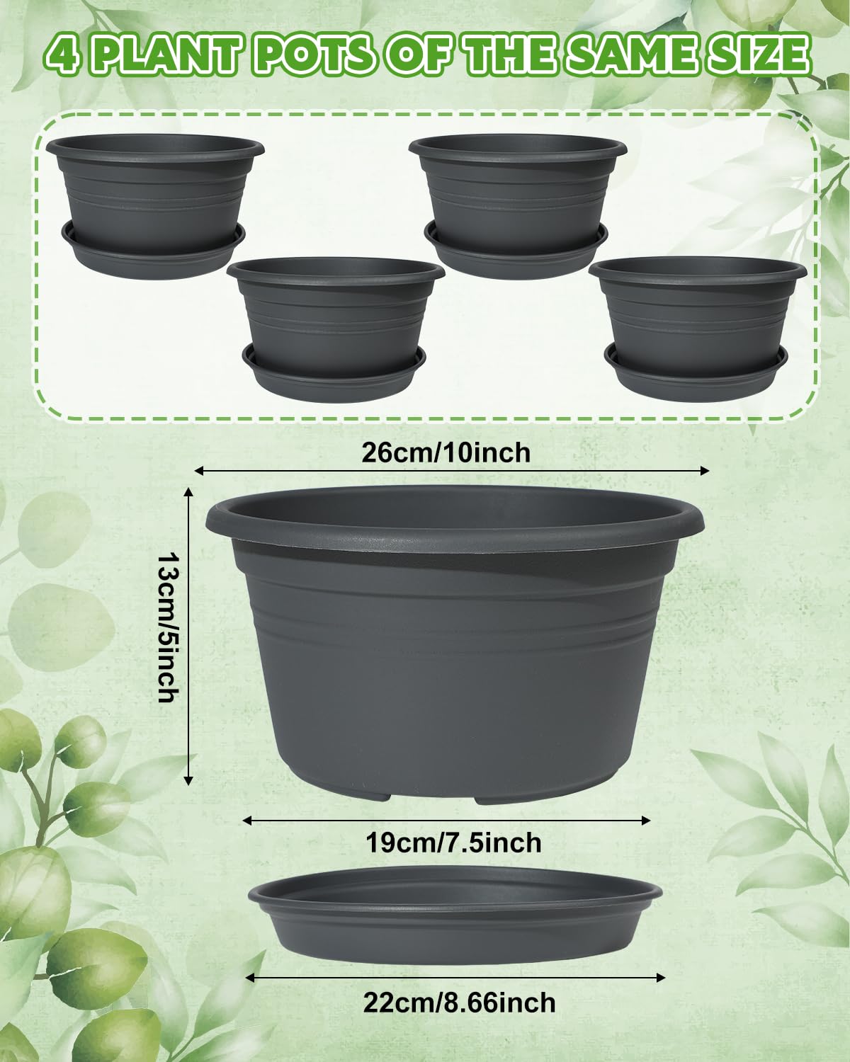 VIDELLY 10 Inch Gray Flower Pots 4-Pack, Plastic Planters with Drainage Hole & Tray, Indoor Outdoor Plant Pots for House Plants, Garden, Patio, Office Home Decor – Modern Decorative Plant Containers