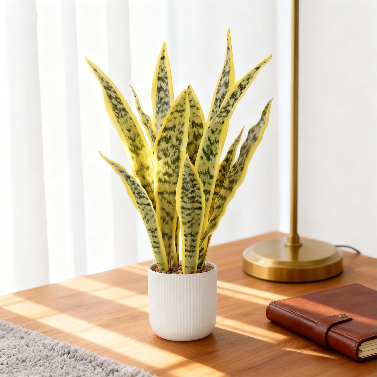 DUZYXI Artificial Realistic Snake Plant 21.5" with White Pot Fake Snake Plants Sansevieria Greenery Faux Snake Plant for Home Office Living Room Housewarming Gifts Indoor Decor-LightYellow
