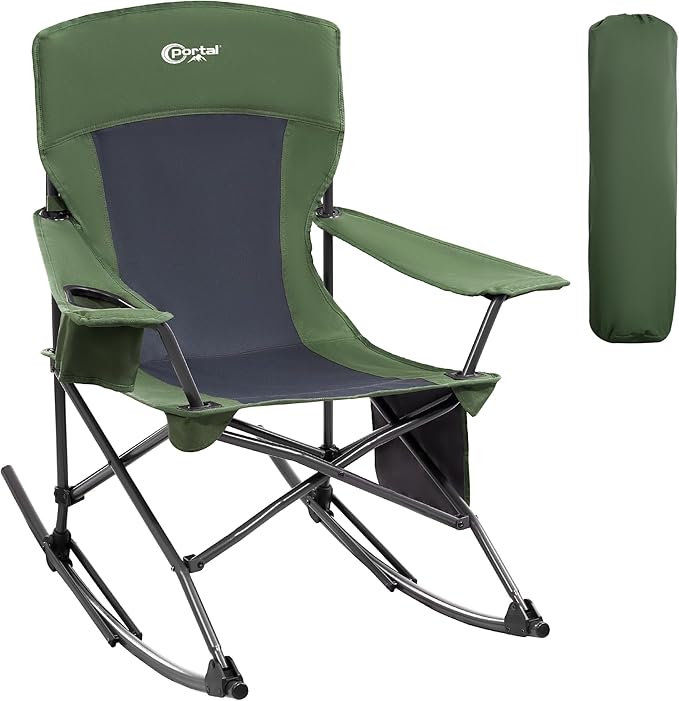 Portal Outdoor Rocking Chair Camping Folding Portable Rocker with Cup Holder Side Pocket Carry Bag, Support 350LBS (Green)
