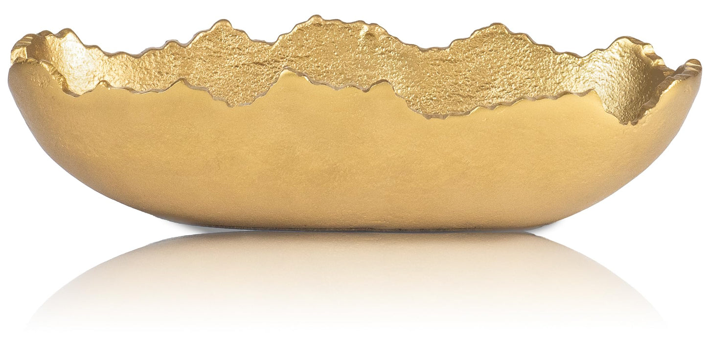 Red Co. 11.5” x 4.5” Elongated Oval Decorative Asymmetrical Torn Textured Metal Centerpiece Tray with Sculpted Edges, Old Gold