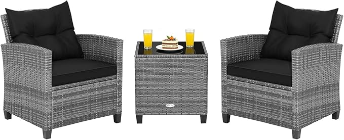 COSTWAY 3PCS Patio Furniture Set, PE Rattan Wicker Sofa w/Washable Cushion and