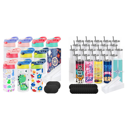 Joyclub Bundle of 10 Pack 12oz Kids Sublimation Tumbler Water Bottle and 25 Pack 20 oz Sublimation Tumblers Flat Edge Cups