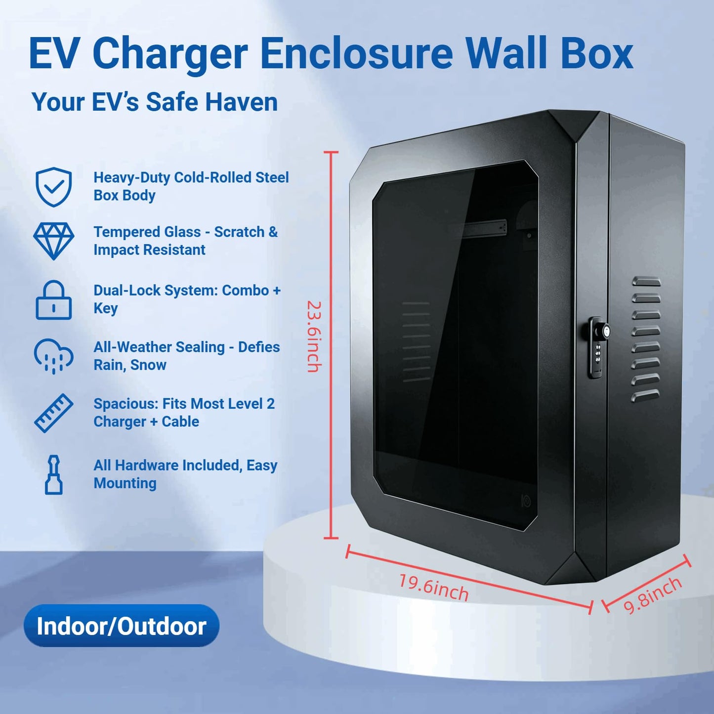 HAVXJAN EV Charger Enclosure Wall Box with Lock, Wall Charging Station Box Indoor/Outdoor, Tempered Glass Front Panel,Visible, Easy to Install, Black