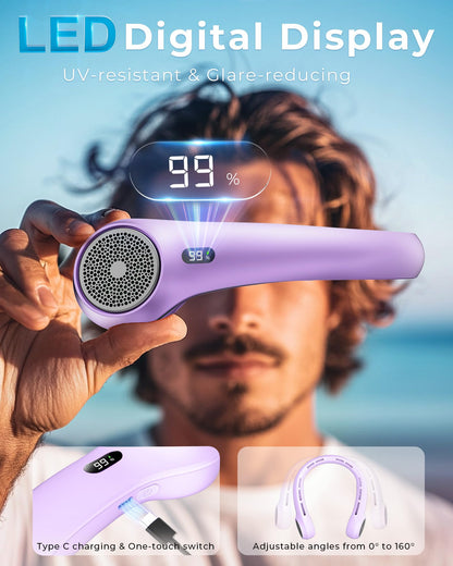 TUNISE Neck Fan, Portable Neck Fan with LED Display, 360° Cooling, 3-Speed Adjustment & Whisper-Quiet Operation, Twistable, Rechargeable, Gift for Women Men,Travel Essential,Light Purple
