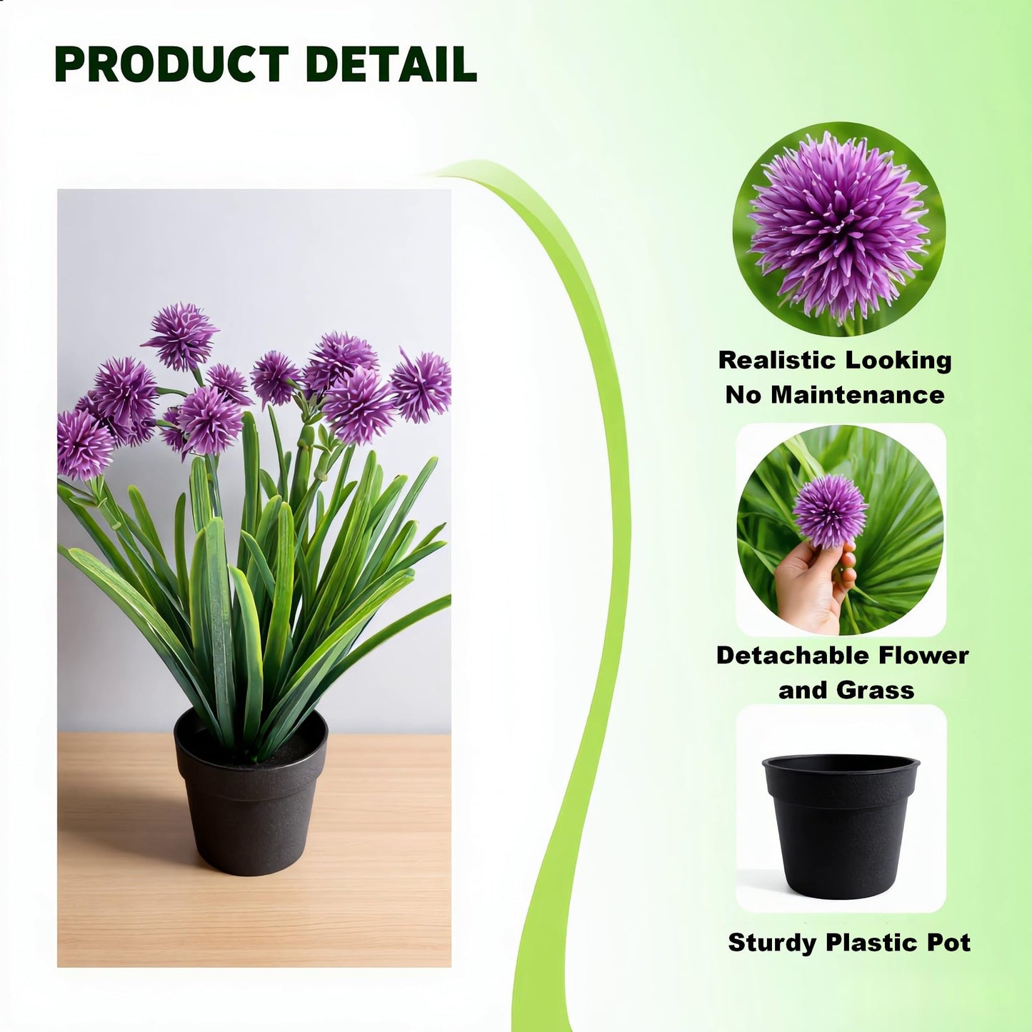 MONOID Small Artificial Allium Plants Fake Purple Pompom Flowers Potted Faux Onion Grass in Black Pots for Shelf Desk Home Office Bathroom Farmhouse Table Decor (Lavender Purple)